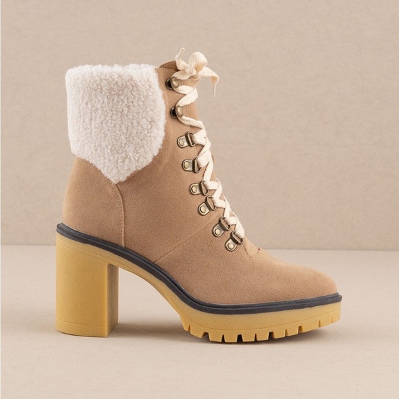 Heeled Platform Lace Up Sherpa Boots - Oasis Society - Picture 2 of 4
